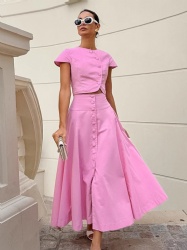 French-style elegant A-line long skirt set for Spring/ Autumn featuring a pink top and skirt