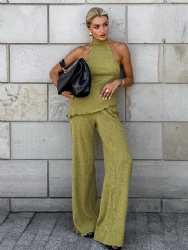2026 Spring/Summer French-style pleated suit halter neck top and wide-leg pants two-piece set for commuting women